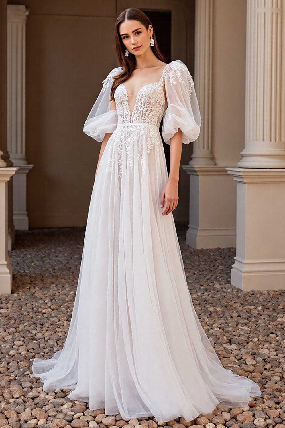 Ivory A Line Half Sleeves Wedding Dress with Lace