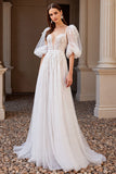 Ivory A Line Half Sleeves Wedding Dress with Lace