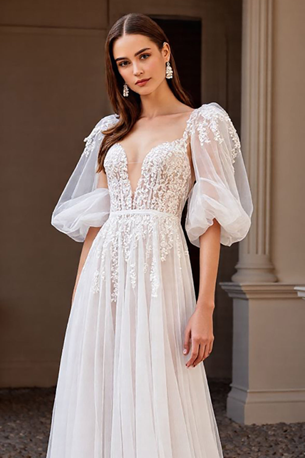 Ivory A Line Half Sleeves Wedding Dress with Lace
