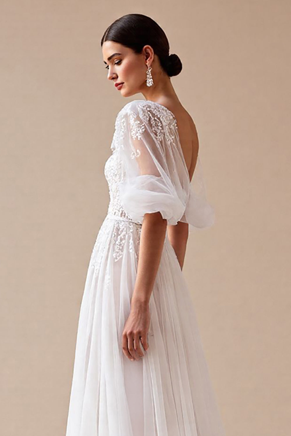 Ivory A Line Half Sleeves Wedding Dress with Lace