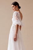 Ivory A Line Half Sleeves Wedding Dress with Lace