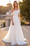 Ivory One Shoulder A Line Sweep Train Wedding Dress