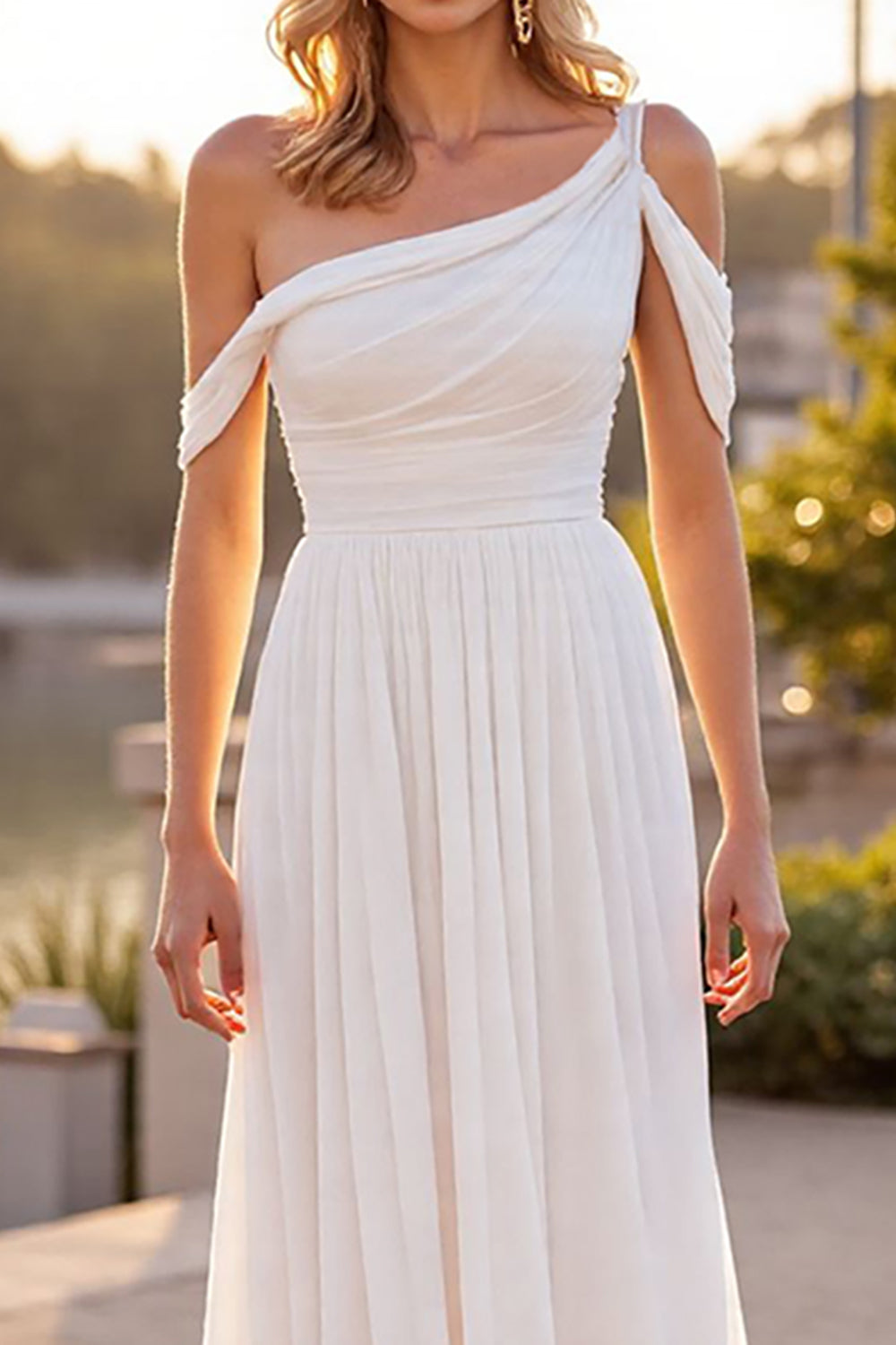 Ivory One Shoulder A Line Sweep Train Wedding Dress