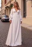Ivory Simple V Neck Long Sleeves Wedding Dress