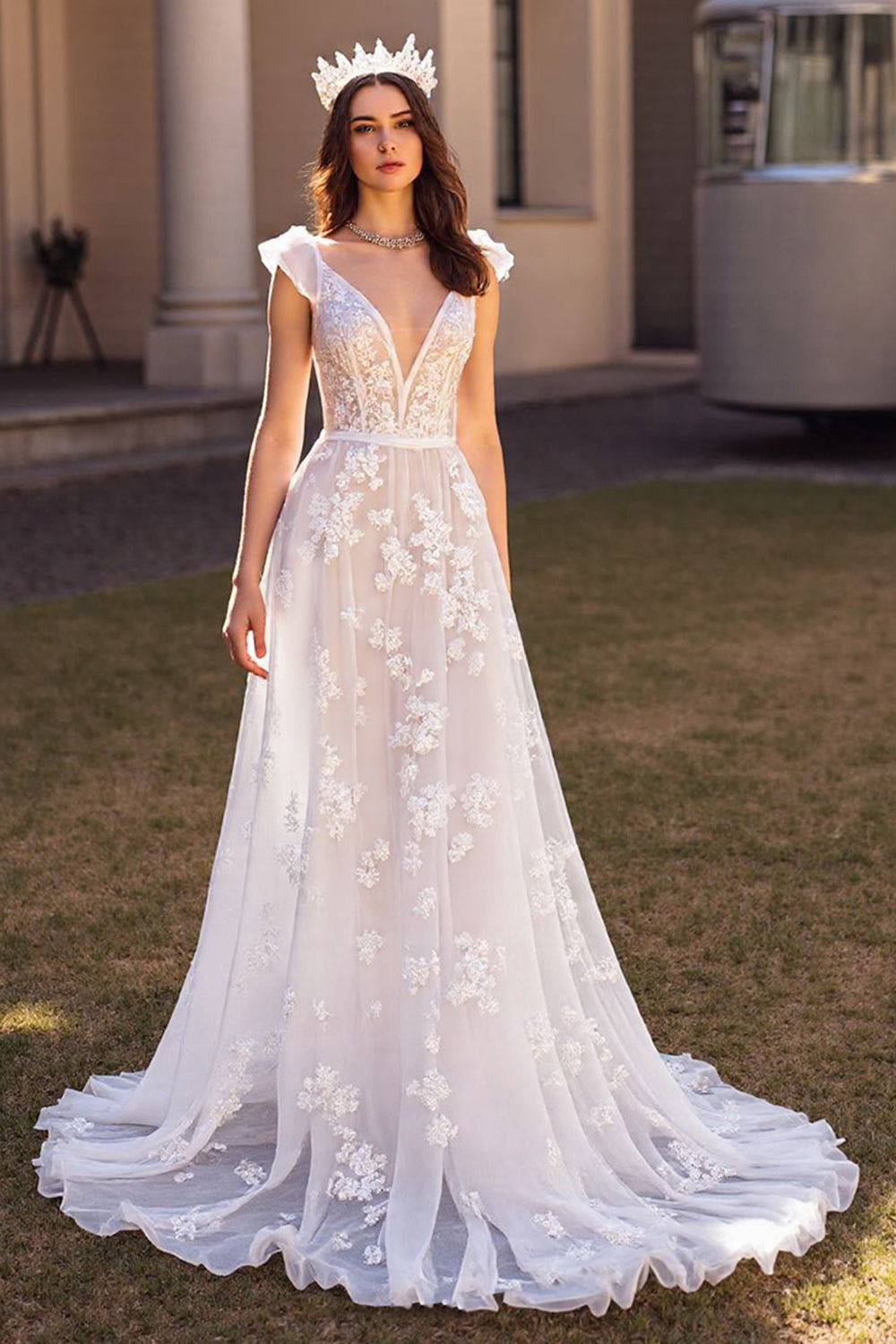 Ivory V Neck A Line Wedding Dress with Lace