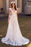 Ivory V Neck A Line Wedding Dress with Lace