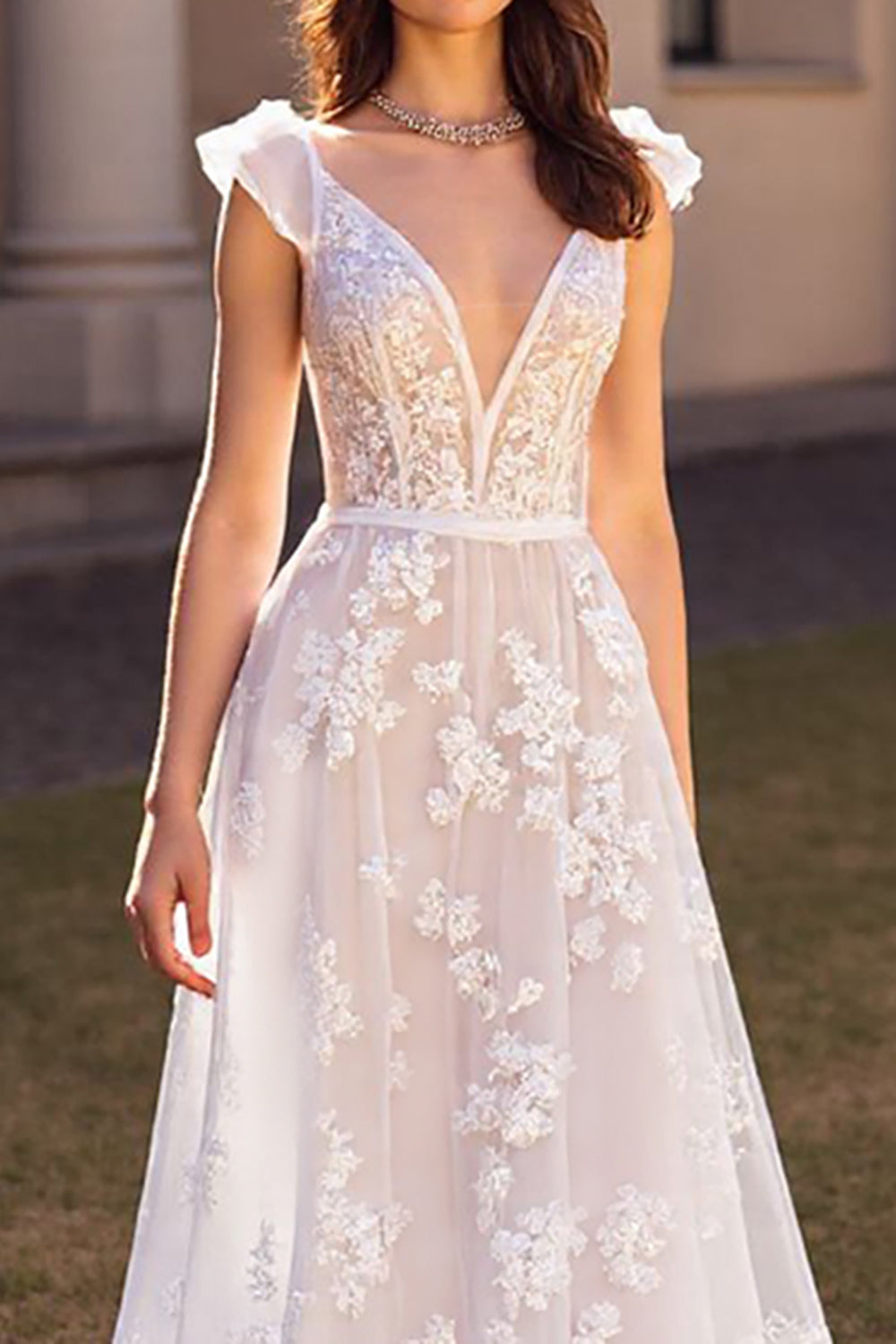 Ivory V Neck A Line Wedding Dress with Lace