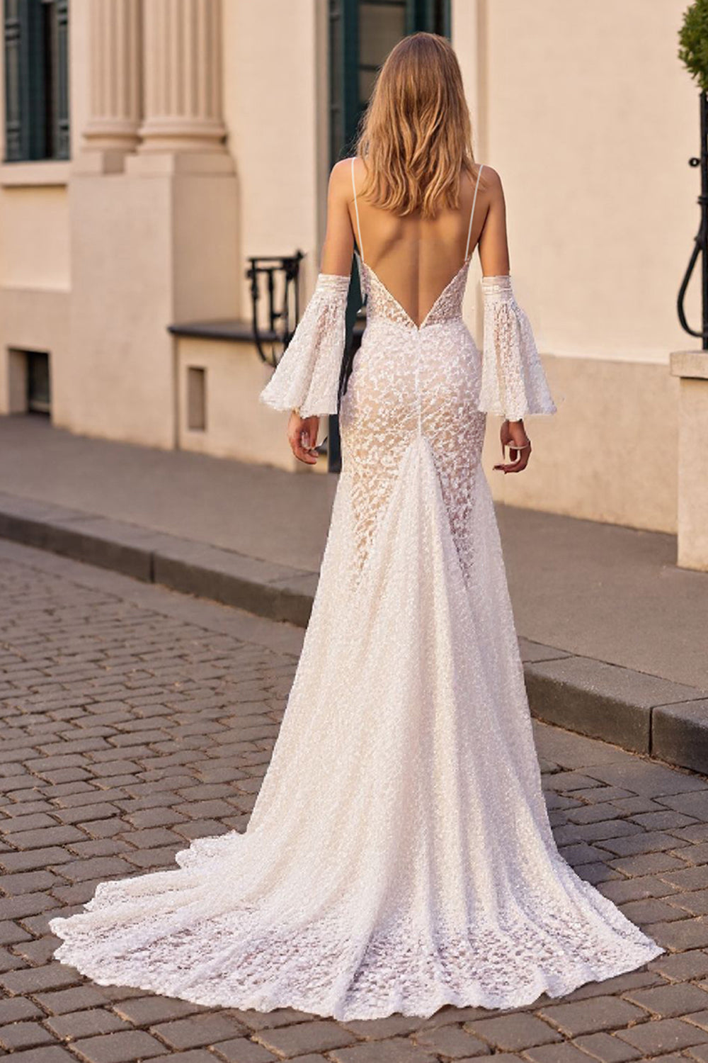 Ivory Lace Mermaid Sweep Train Wedding Dress with Slit