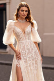 Ivory A Line Lace Half Sleeves Wedding Dress with Slit