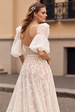 Ivory A Line Lace Half Sleeves Wedding Dress with Slit