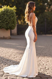 Ivory V Neck Mermaid Sweep Train Wedding Dress with Slit