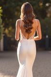 Ivory V Neck Mermaid Sweep Train Wedding Dress with Slit