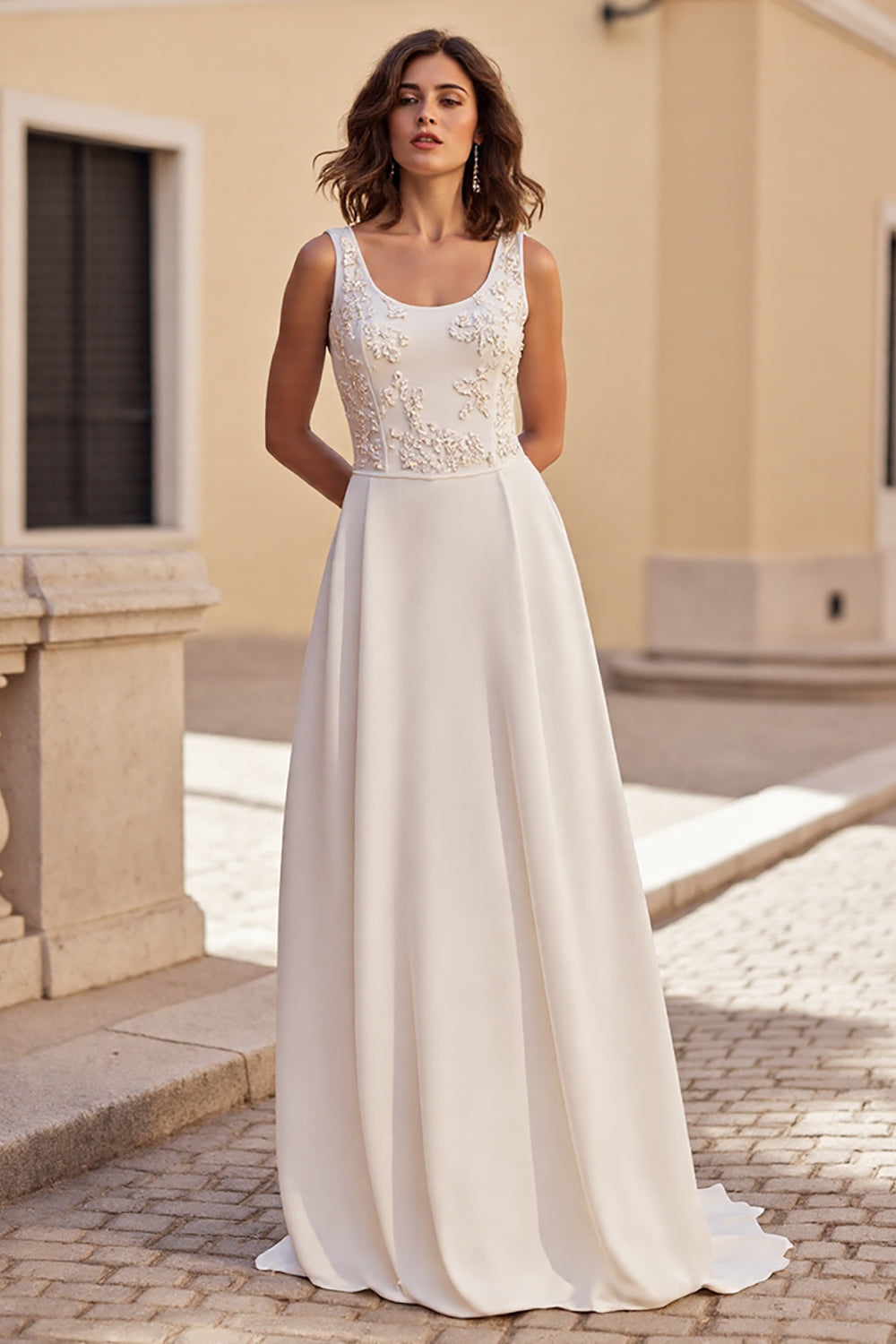 Ivory Scoop Neck A Line Satin Wedding Dress with Applique