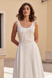 Ivory Scoop Neck A Line Satin Wedding Dress with Applique