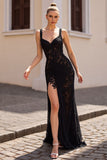 Black Lace Sheath Sweep Train Wedding Dress with Slit