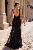 Black Lace Sheath Sweep Train Wedding Dress with Slit