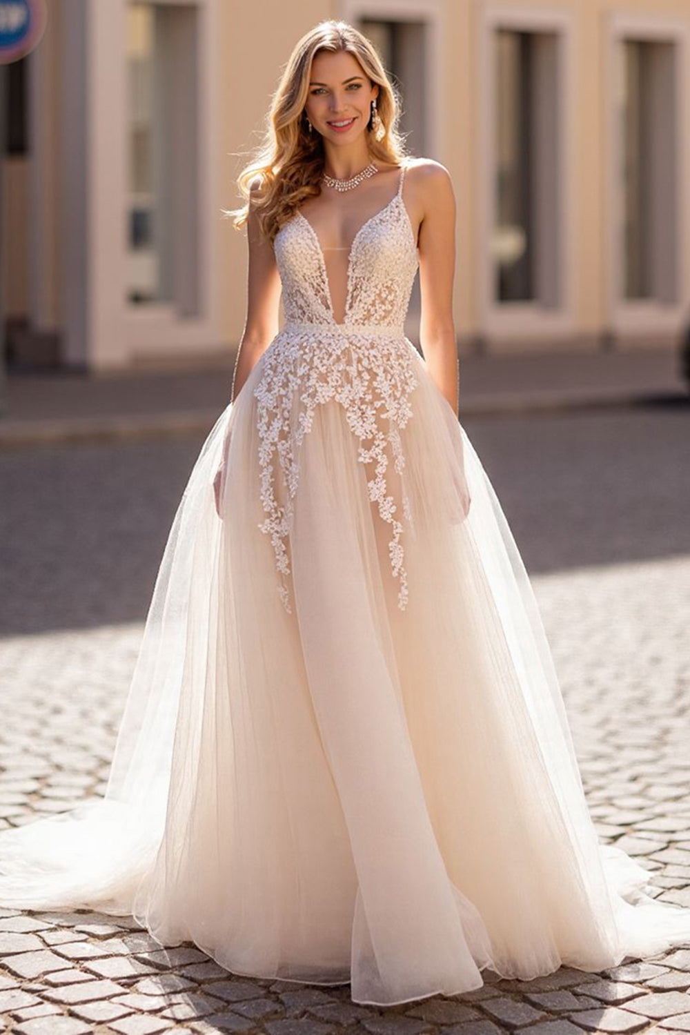 lvory A Line Appliqued Tulle Long Wedding Dress