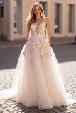 lvory A Line Appliqued Tulle Long Wedding Dress
