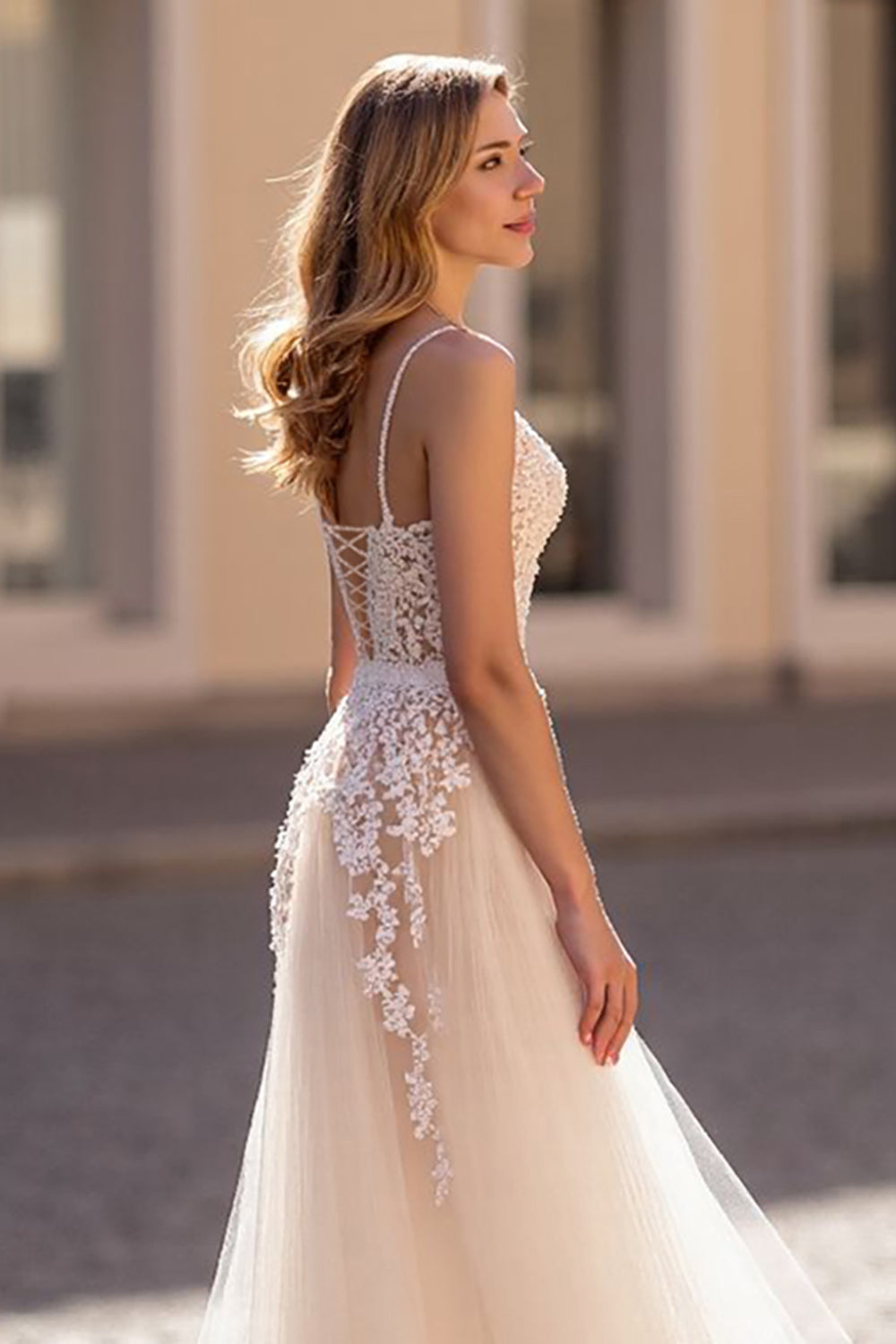 lvory A Line Appliqued Tulle Long Wedding Dress