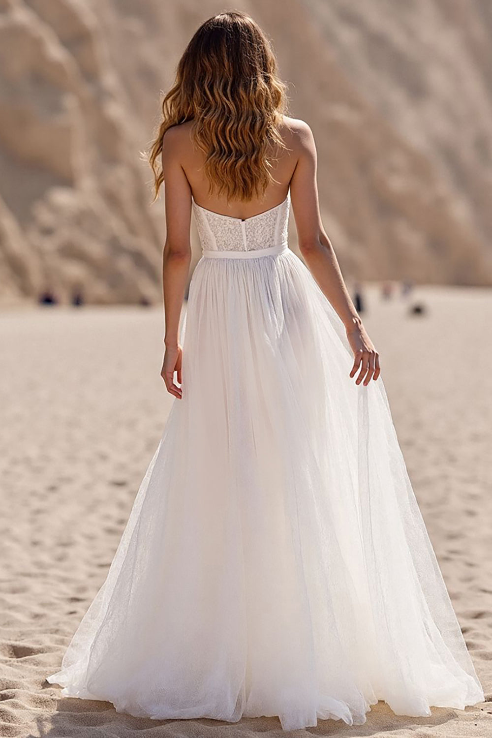 A Line Strapless Ivory Corset Tulle Long Wedding Dress