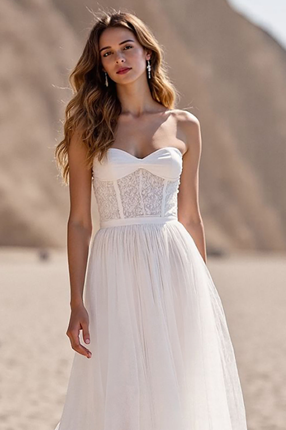 A Line Strapless Ivory Corset Tulle Long Wedding Dress