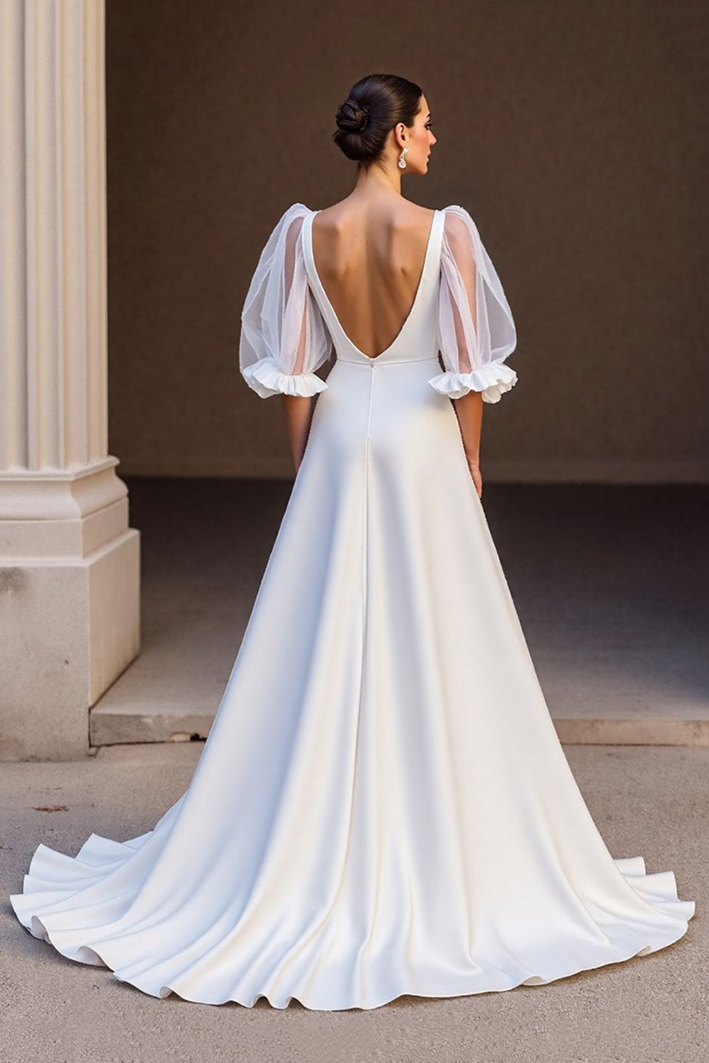 Ivory A Line V Neck Satin Ruched Long Wedding Dress