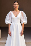 Ivory A Line V Neck Satin Ruched Long Wedding Dress