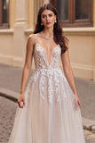 Ivory Appliqued A Line Tulle Long Wedding Dress