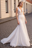 Ivory Mermaid V Neck Sleeveless Lace Long Wedding Dress