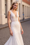 Ivory Mermaid V Neck Sleeveless Lace Long Wedding Dress