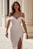 Cold Shoulder Ivory Mermaid Ruffled Wedding Dress with Slit