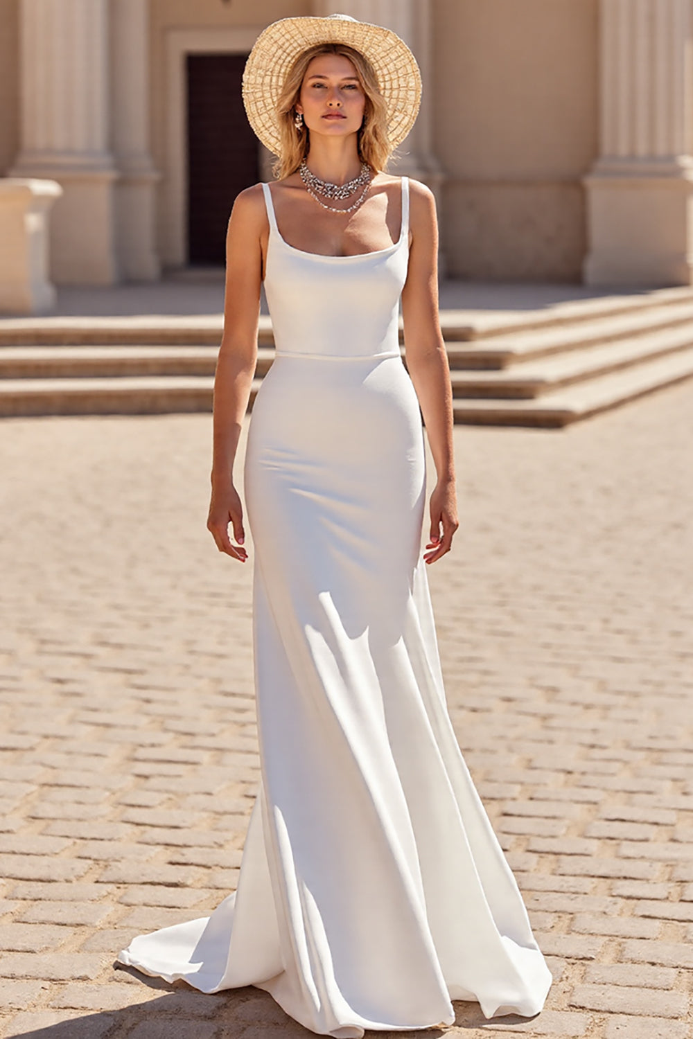 Simple Ivory A Line Scoop Neck Satin Long Wedding Dress