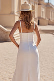 Simple Ivory A Line Scoop Neck Satin Long Wedding Dress
