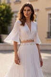 Ivory A Line Half Sleeve Appliqued Long Wedding Dress