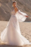 Removable Sleeve Ivory A Line Appliqued Long Wedding Dress