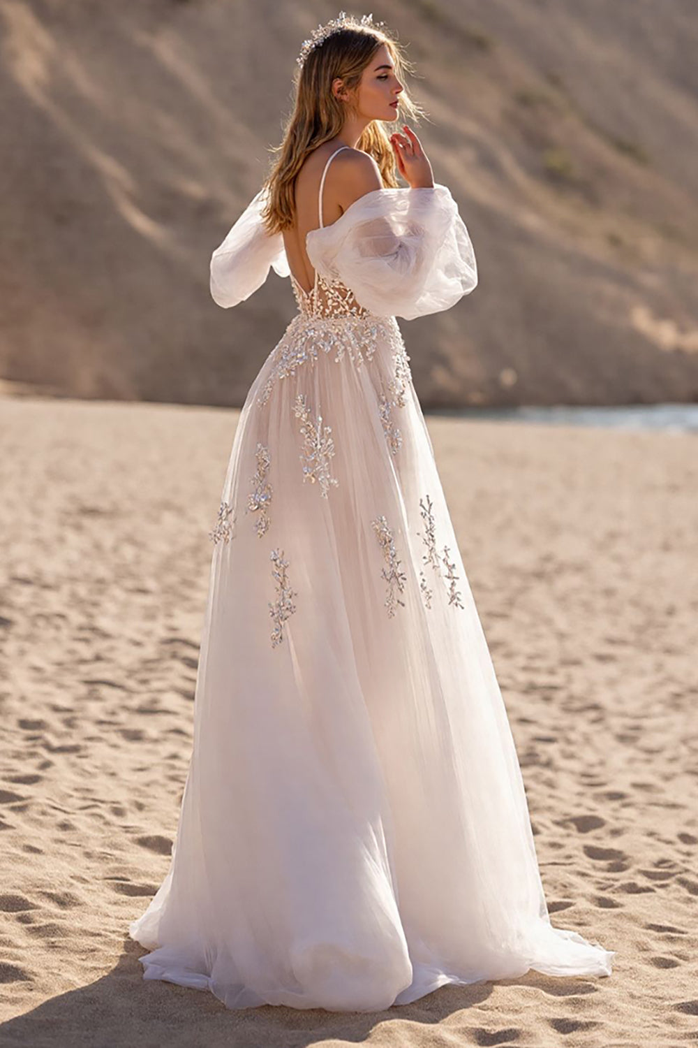 Removable Sleeve Ivory A Line Appliqued Long Wedding Dress