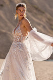 Removable Sleeve Ivory A Line Appliqued Long Wedding Dress