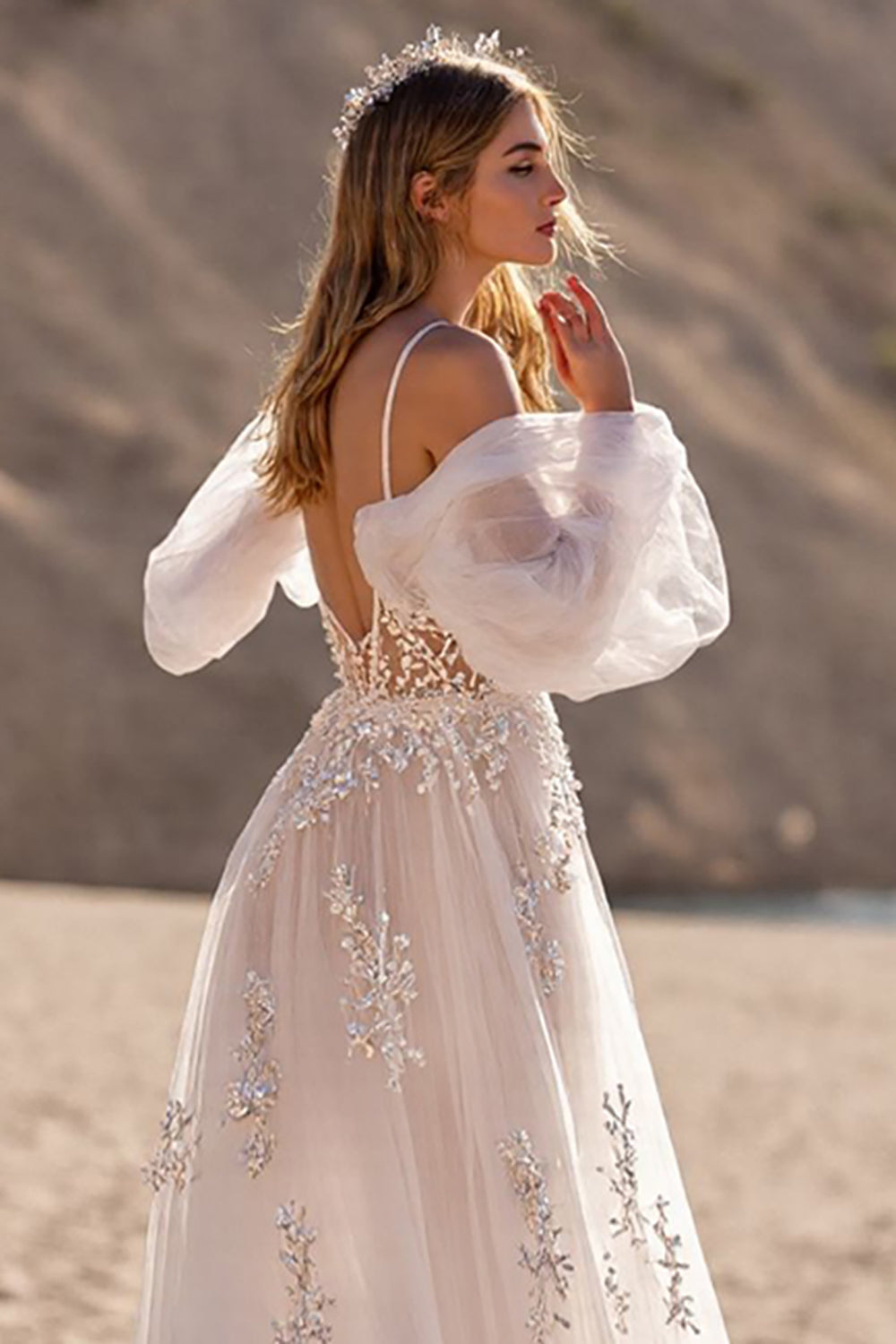 Removable Sleeve Ivory A Line Appliqued Long Wedding Dress