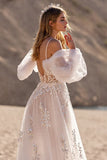 Removable Sleeve Ivory A Line Appliqued Long Wedding Dress