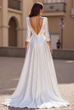 A Line 3/4 Sleeve Satin Ivory Long Wedding Dress