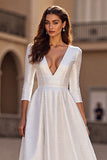 A Line 3/4 Sleeve Satin Ivory Long Wedding Dress