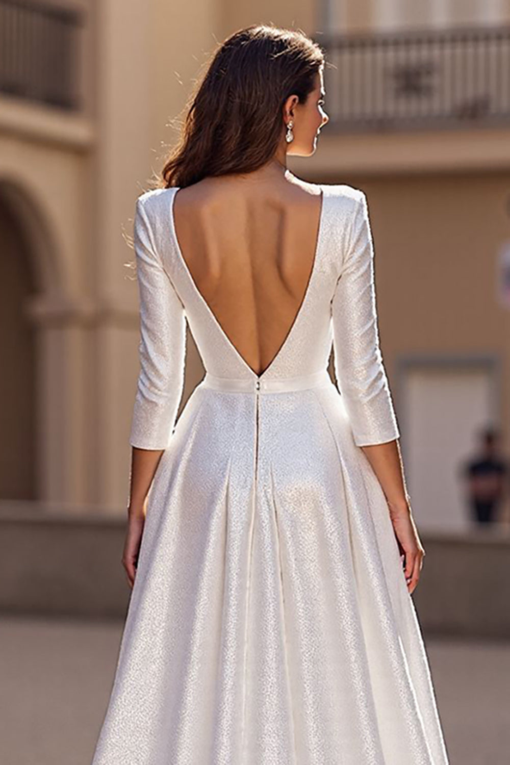 A Line 3/4 Sleeve Satin Ivory Long Wedding Dress
