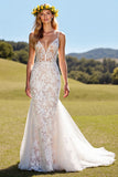 Corset Ivory V Neck Mermaid Lace Wedding Dress