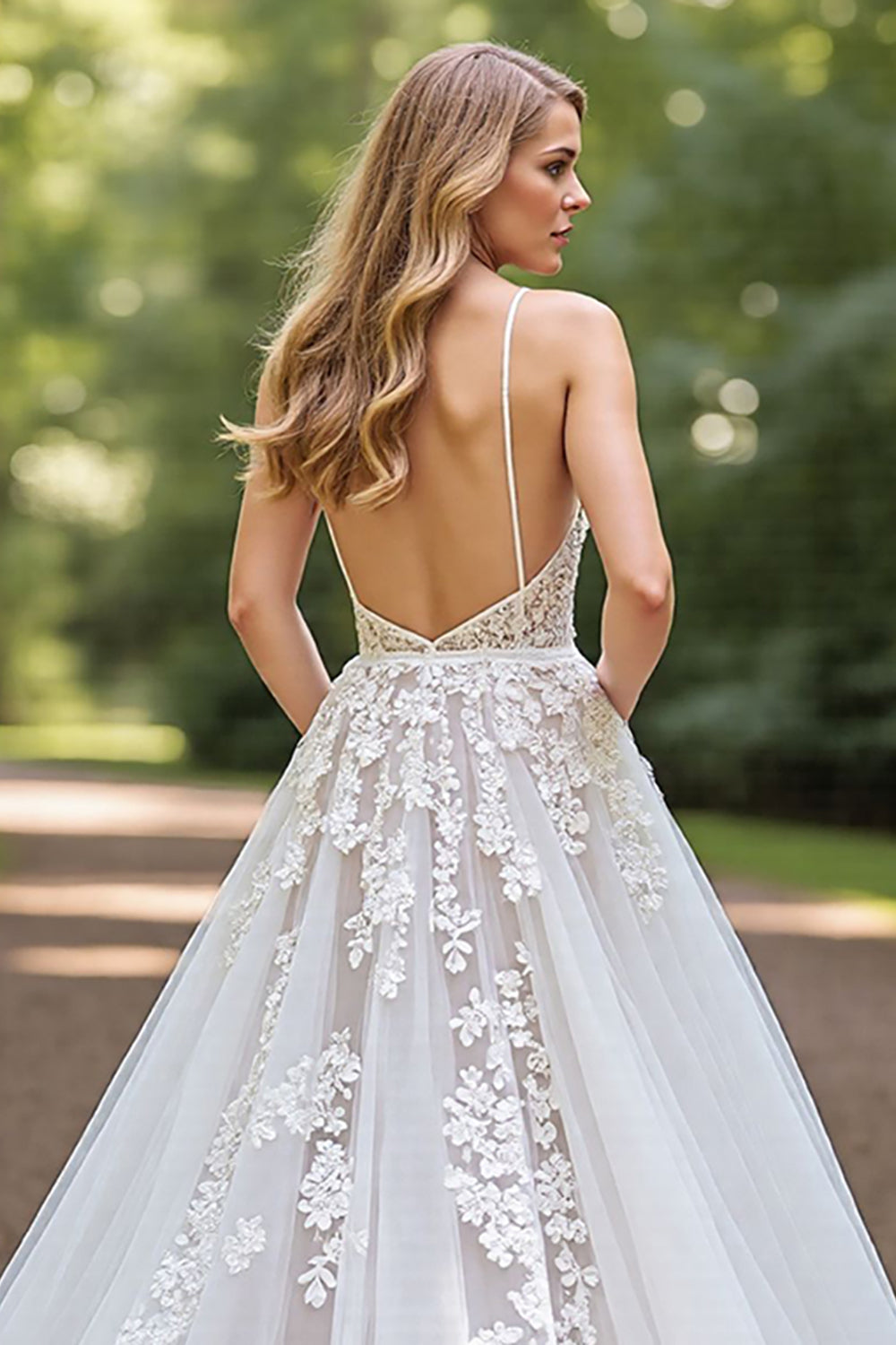 Corset V Neck Ivory A Line Appliqued Wedding Dress
