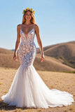 Mermaid Corset Lace Ivory V Neck Wedding Dress