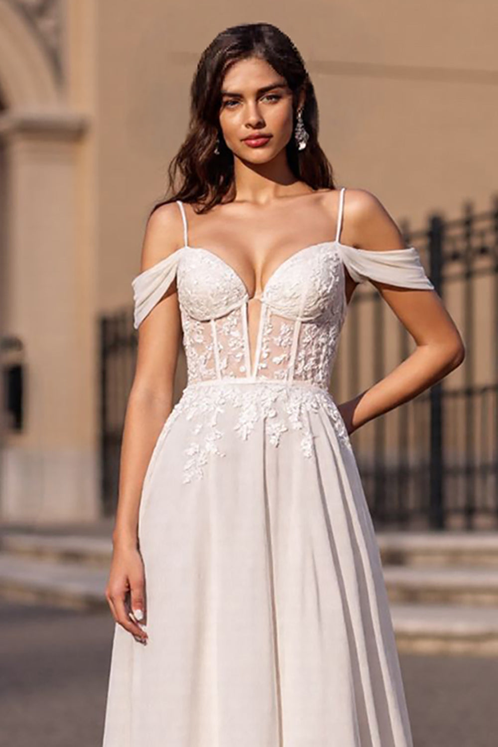 Cold Shoulder Corset Ivory A Line Appliqued Wedding Dress