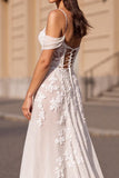 Cold Shoulder Corset Ivory A Line Appliqued Wedding Dress