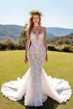 Mermaid Corset Ivory V Neck Lace Wedding Dress