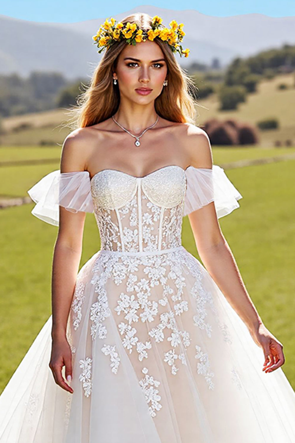 Off The Shoulder A Line Appliqued Ivory Corset Wedding Dress