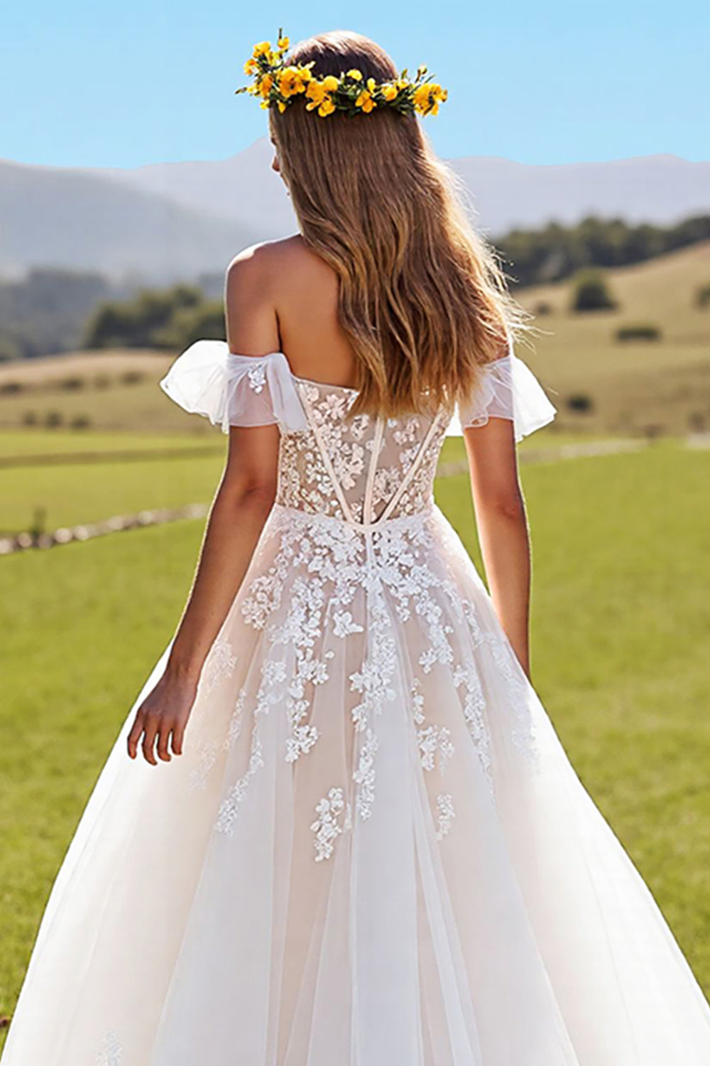 Off The Shoulder A Line Appliqued Ivory Corset Wedding Dress